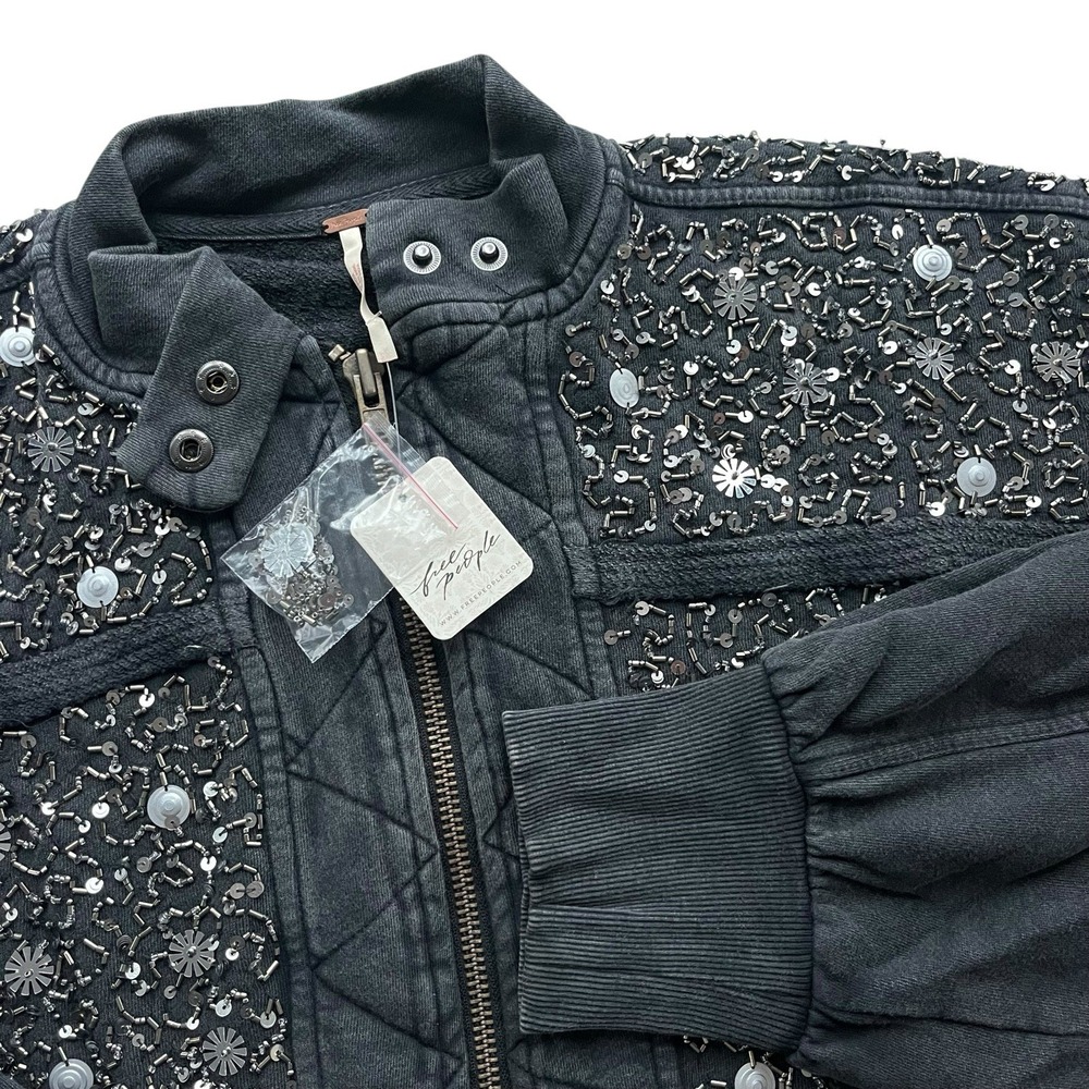 Free People Womens M Black Combo Embellished Sequin Sparkle Sweatshirt Boho Chic
